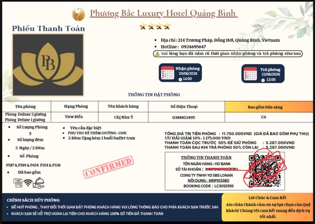 Giá khách sạn rẻ, có kèm Qrcode để ck với số tiền ấn định